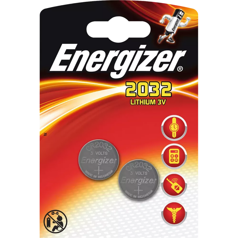 Energizer Knoopcelbatterij CR2032 3 volt lithium, 2 stuks.
