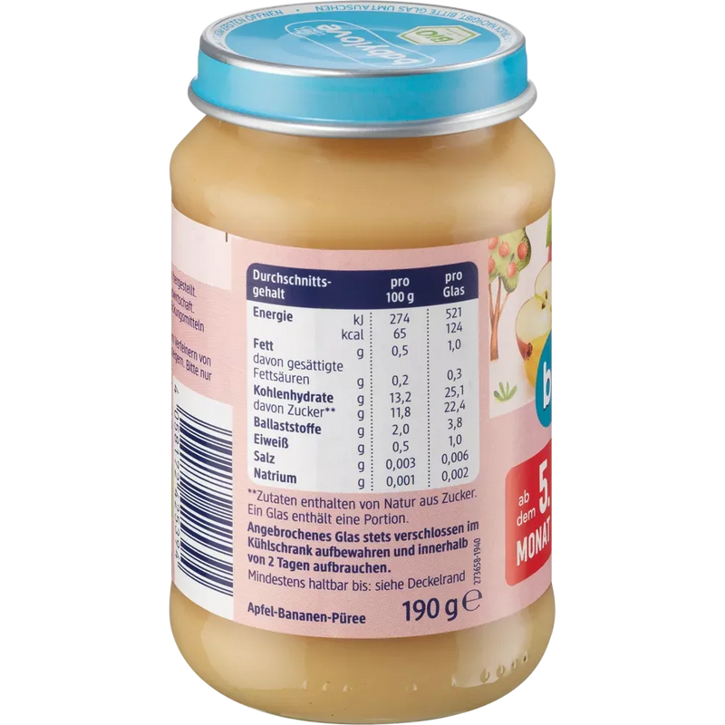 babylove Babymaaltijd 5+ Maanden Appel-banaan puree 100% biologische kwaliteit 190g