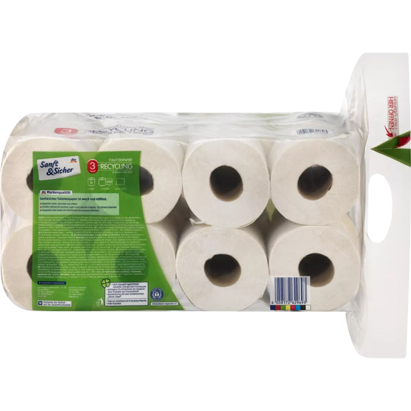 Sanft&Sicher Toiletpapier gerecycled 3-laags (16x200 vellen), 16 stuks.
