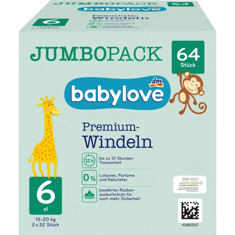 babylove Premium luiers maat 6 XL (15-20 kg), jumbo verpakking, 64 stuks.