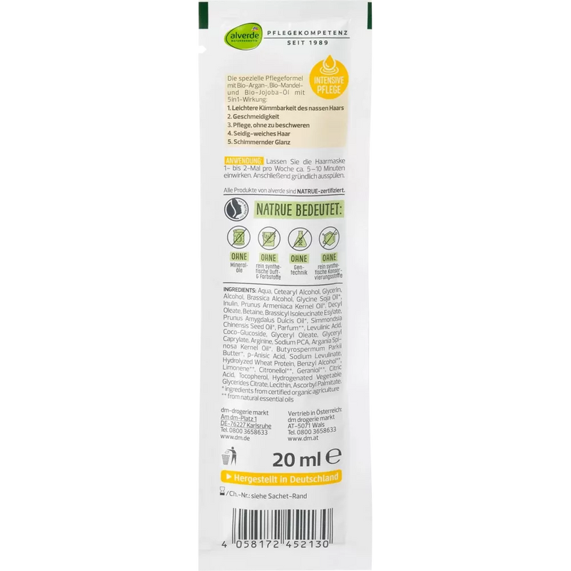alverde NATURKOSMETIK Haarmasker Nutri-Care BB 5in1 Biologische amandel, biologische argan, 20 ml