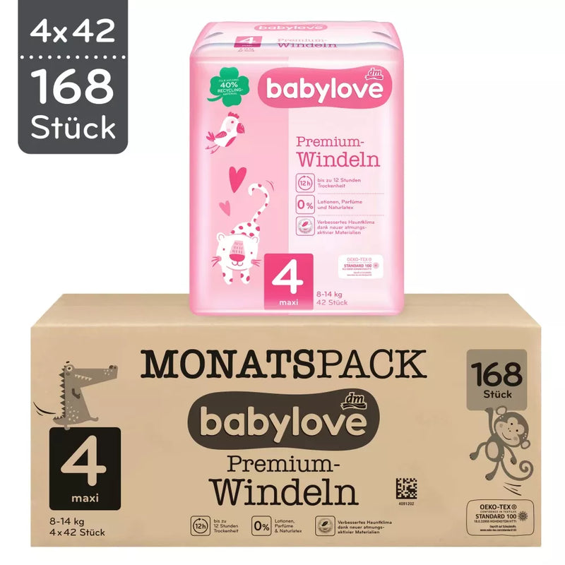 babylove Premium luiers maat 4, Maxi, 8-14 kg, maandverpakking, 168 stuks