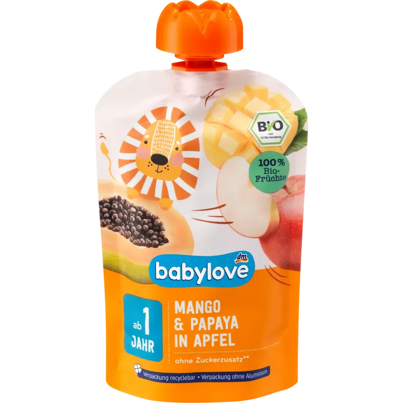 babylove Babymaaltijd Knijpzakjes 12+ Maanden - Mango & Papaja in Appel - 100% Biologisch fruit - 100g