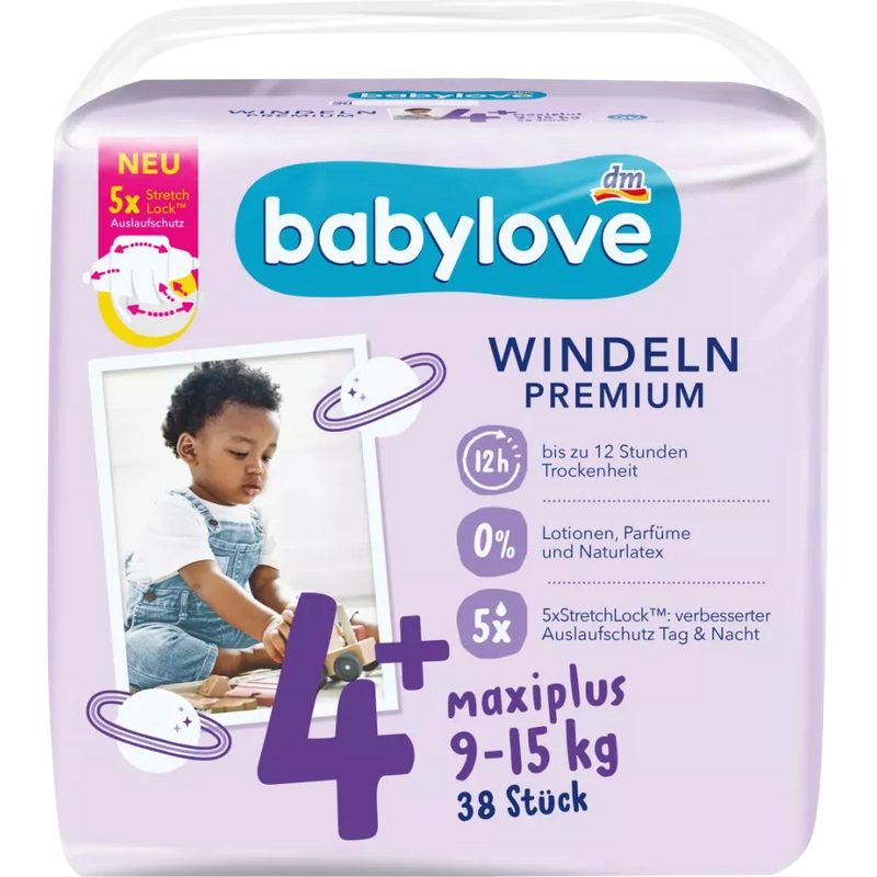 Couches babylove Premium taille 4+, Maxiplus, 9-15 kg, 38 pièces.