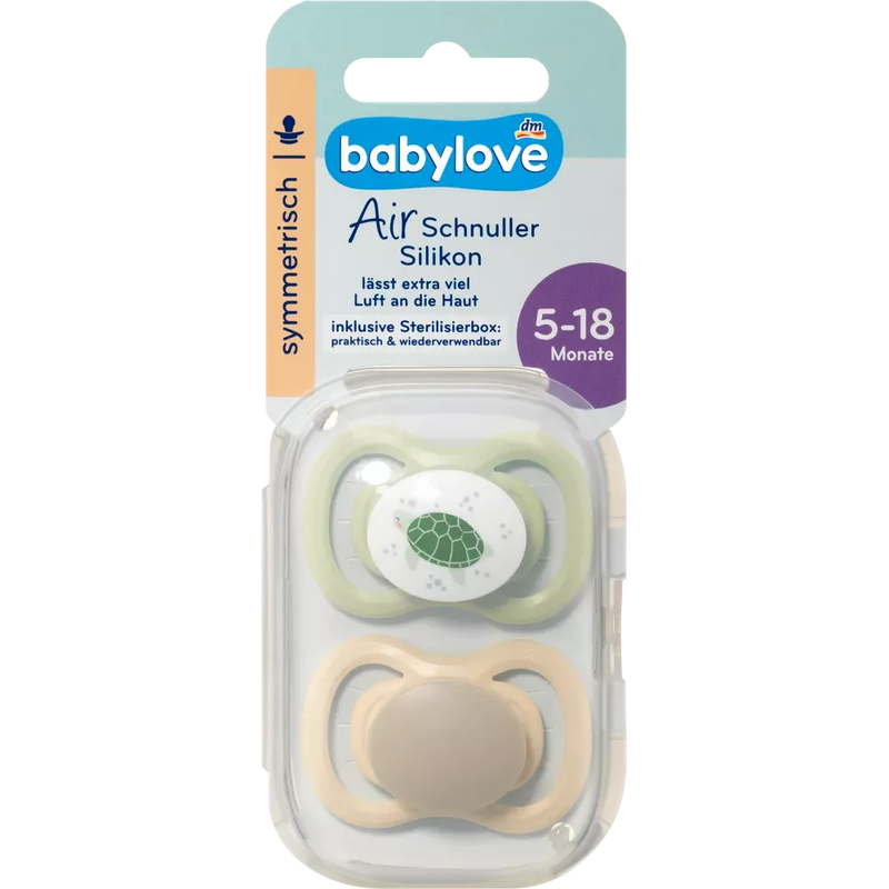 babylove Fopspeen Air silicone symmetrisch, bruin/groen, maat 2, 5-18 maanden, 2 st.