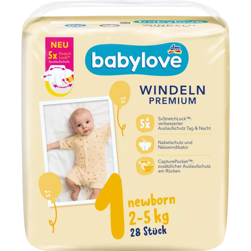 Couches babylove Premium taille 1 Nouveau-né (2-5 kg), 28 pièces.