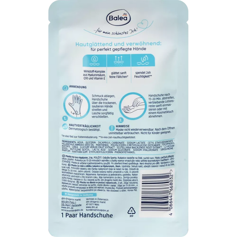 Masque gant Balea Hyaluron, 2 pièces.