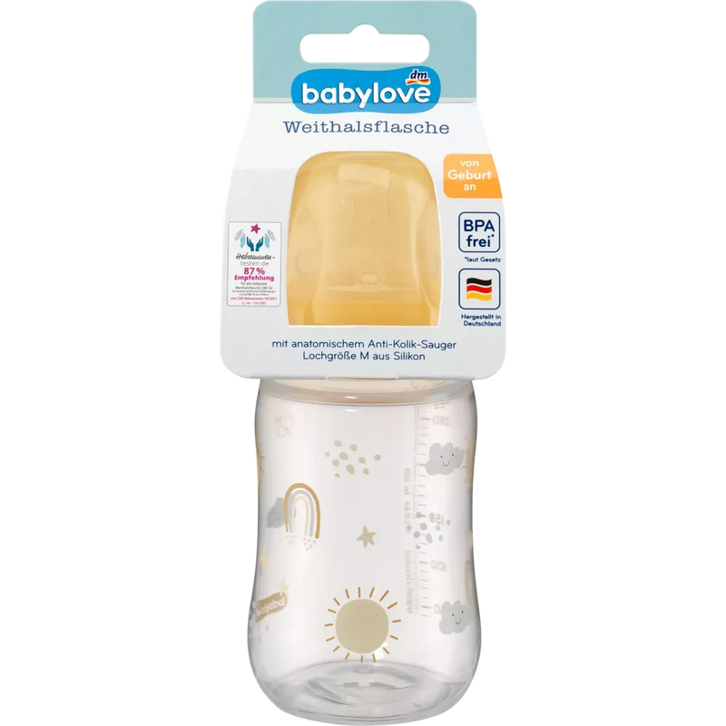 babylove Babyfles brede hals, geel, vanaf de geboorte, 280 ml, 1 st