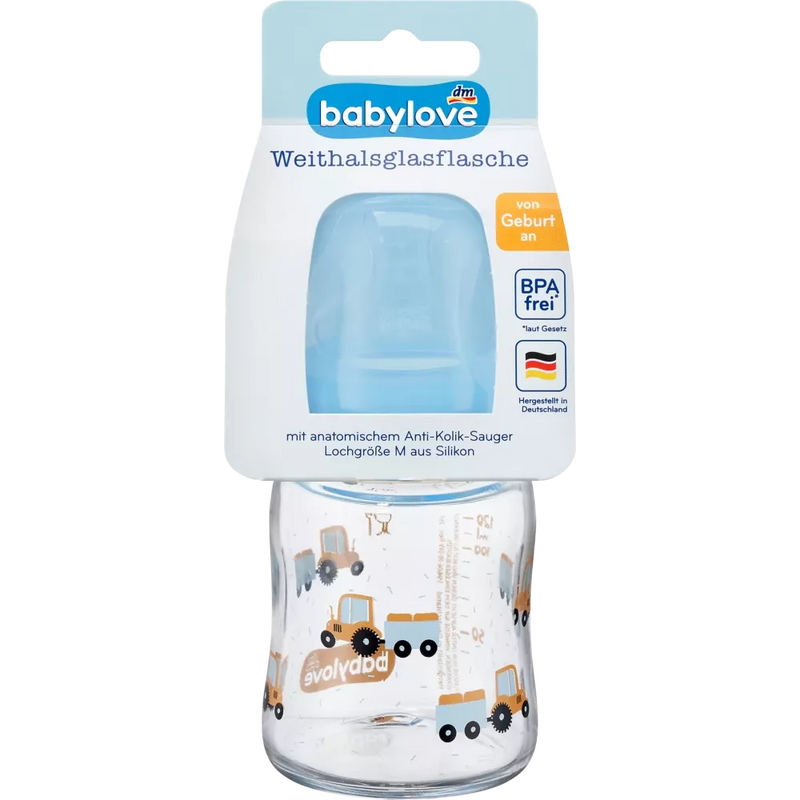 babylove Babyfles van glas, wijde opening, 120ml, blauw, 1 st