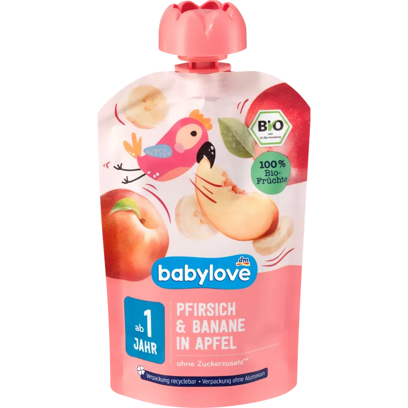 babylove Knijpbare perzik & banaan in appel recyclebaar vanaf 1 jaar, 100 g