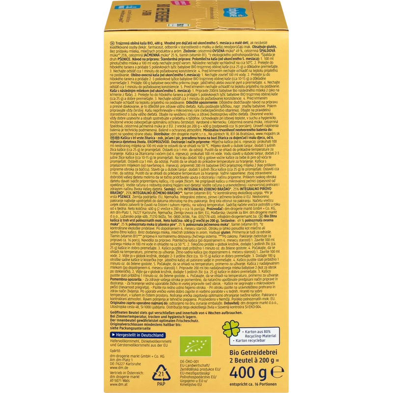 babylove Granenpap biologische 3-granen vanaf 6 maanden, 400 g