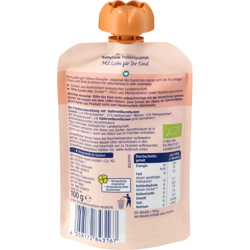 babylove Knijp appel & mango in perzik met haver recyclebaar vanaf 1 jaar, 100 g