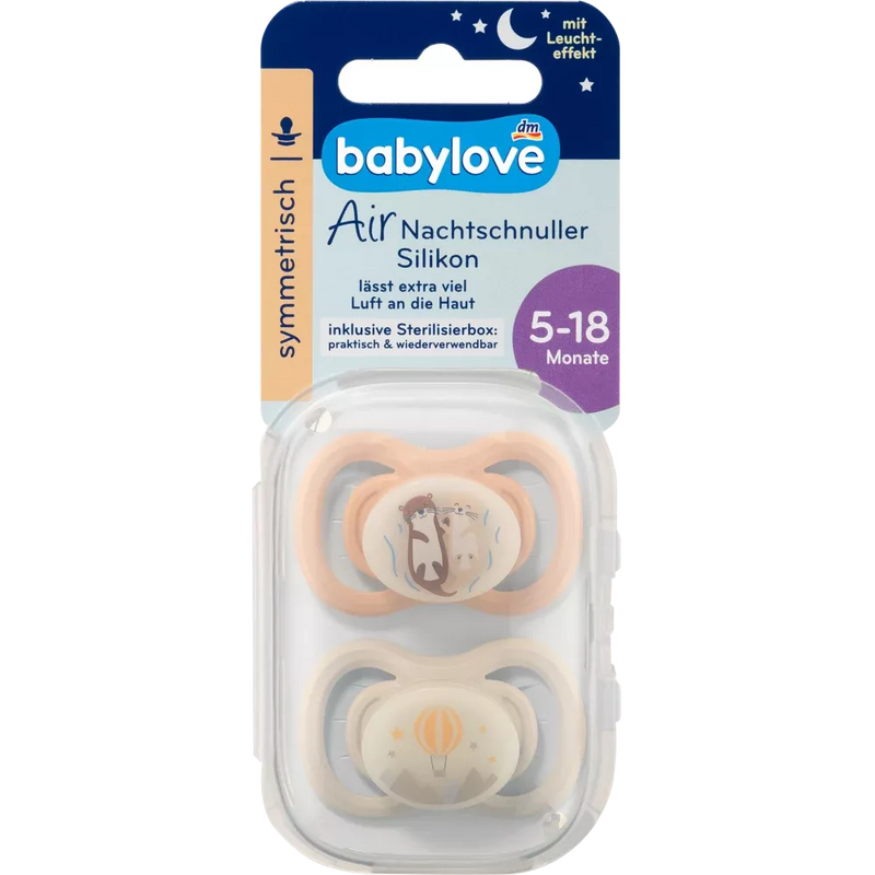 babylove Fopspeen Air night silicone symmetrisch, bruin/grijs, maat 2, 5-18 maanden, 2 st.