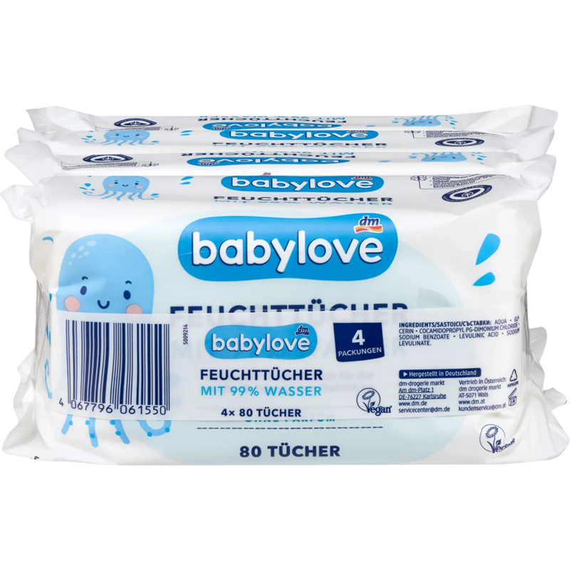 babylove Natte doekjes met 99% water (4x80 stuks), 320 stuks