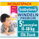 Couches babylove Premium taille 5+, Juniorplus, 11-18 kg, pack mensuel, 136 pièces.