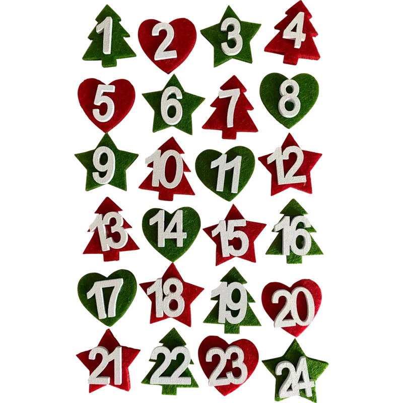 Dekorieren & Einrichten adventskalender cijfers vilt met hout, boom, ster & hart, rood-groen, 1 st