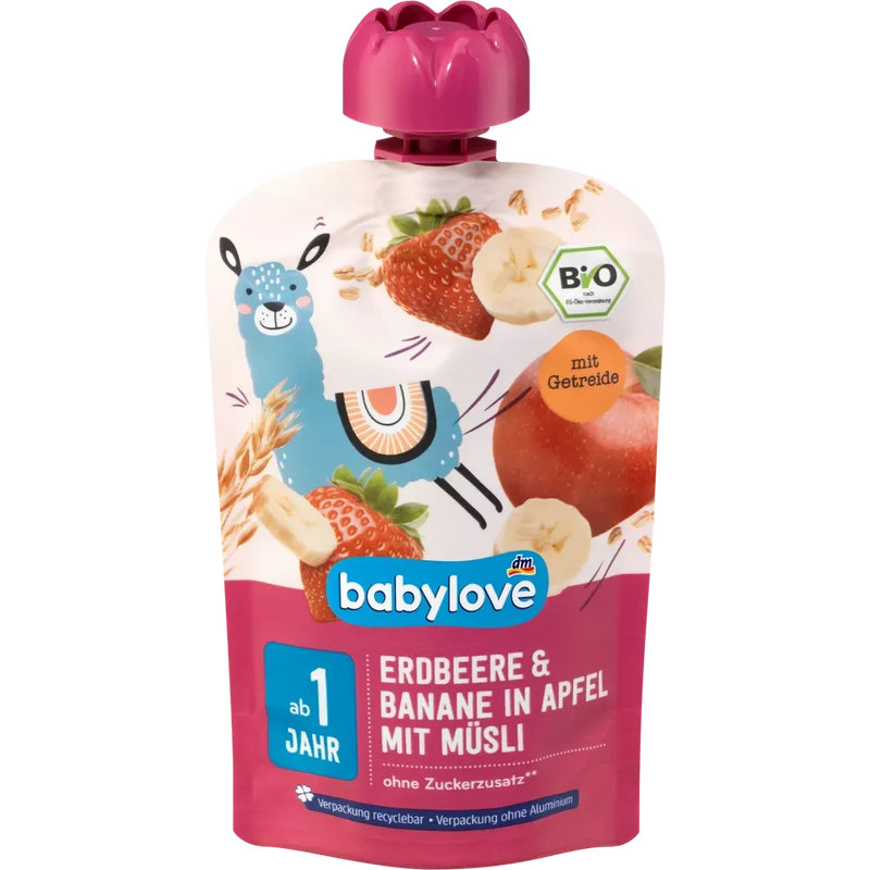 babylove Knijpbare aardbei-banaan in appel met muesli recyclebaar vanaf 1 jaar, 100 g
