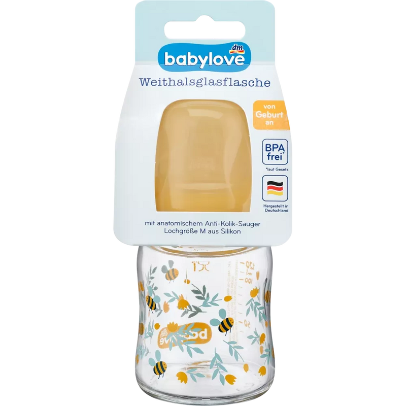 babylove Babyfles van glas wijde opening 120 ml, geel, 1 st