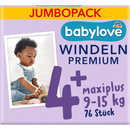 Couches Babylove taille 4+ Maxiplus (9-15 kg), pack jumbo, 76 pièces.