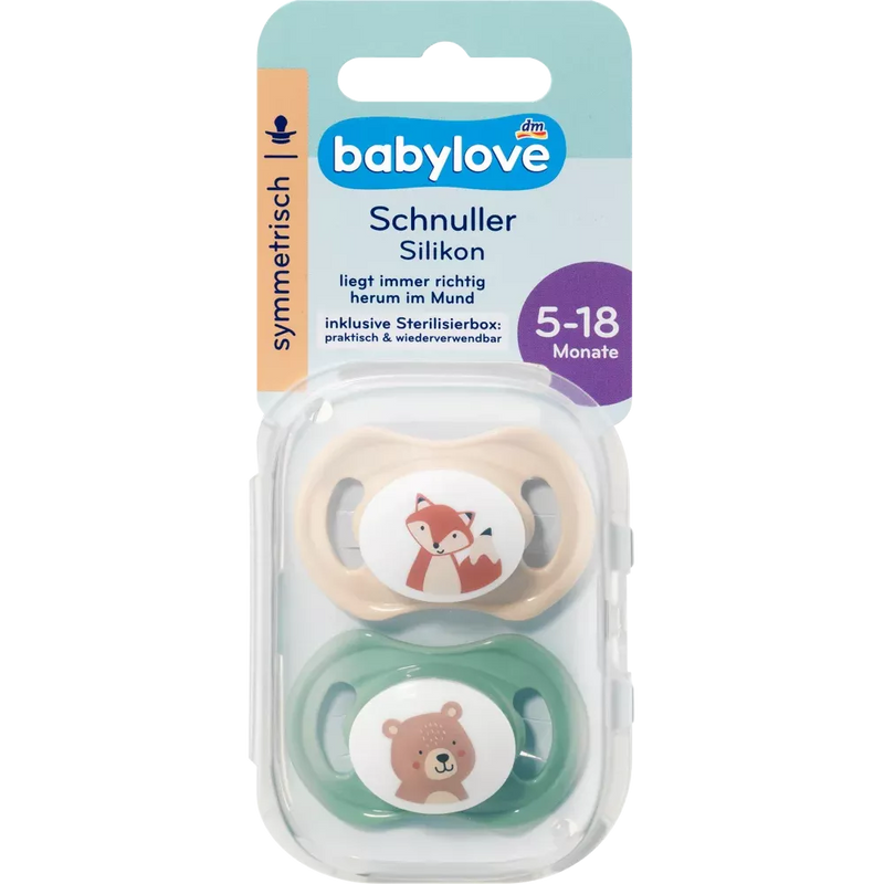 babylove Fopspeen siliconen symmetrisch, beige/groen, maat 2, 5-18 maanden, 2 st.