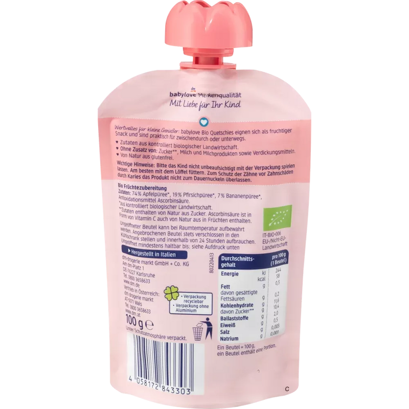 babylove Knijpbare perzik & banaan in appel recyclebaar vanaf 1 jaar, 100 g