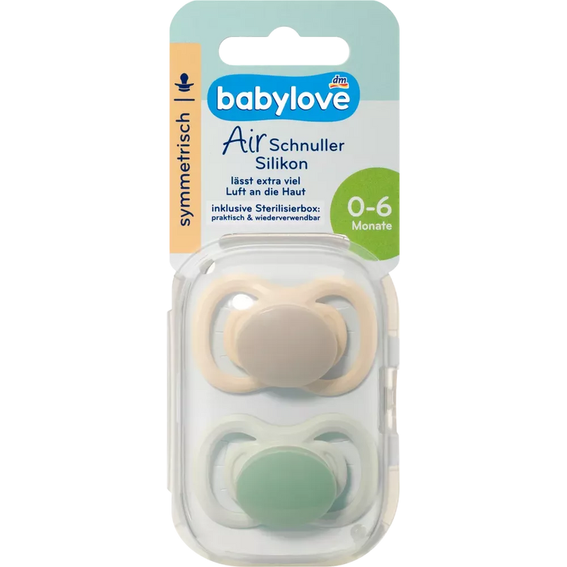 babylove Fopspeen Air silicone symmetrisch, bruin/groen, maat 1, 0-6 maanden, 2 st.