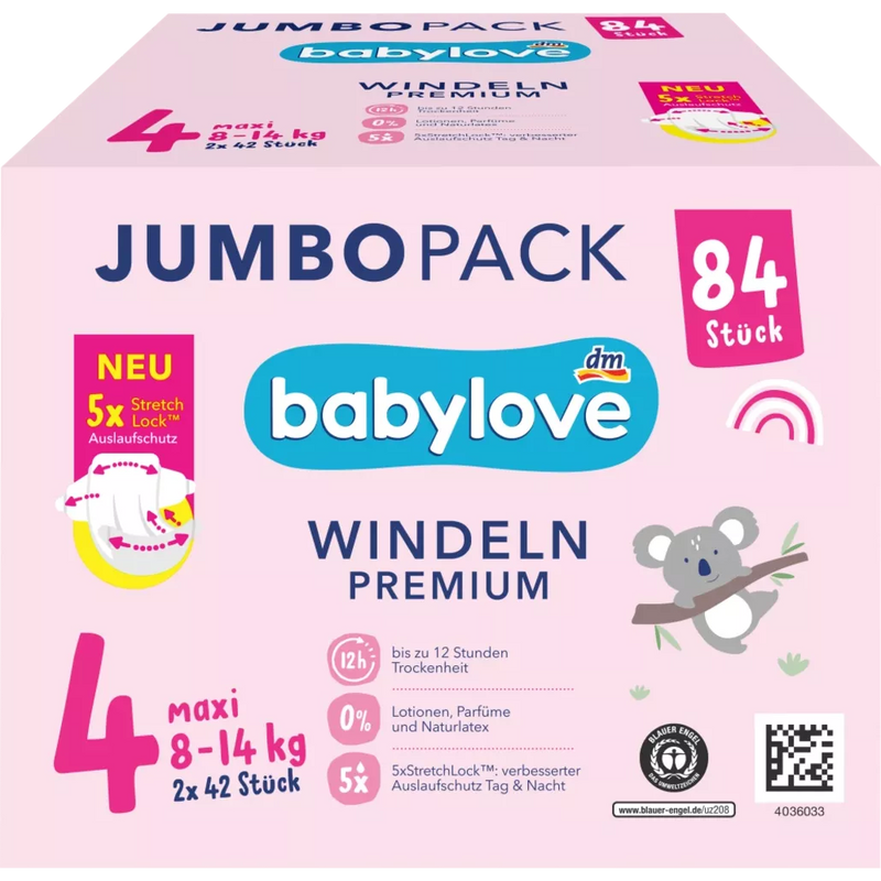 Couches Babylove taille 4 maxi (8-14 kg), pack jumbo, 84 pièces.