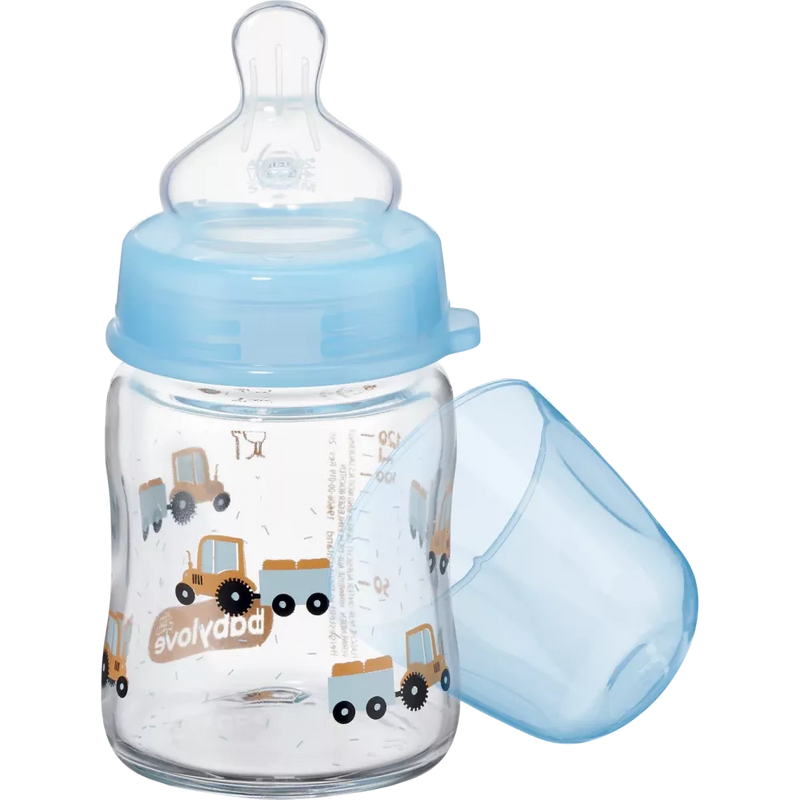 babylove Babyfles van glas, wijde opening, 120ml, blauw, 1 st