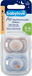 babylove Air Nacht-fopspeen, siliconen, symmetrisch, blauw/roze, 0-6 maanden, 2 stuks