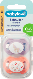 babylove Fopspeen van siliconen, symmetrisch, paars/roze, maat 1, 0-6 maanden, 2 stuks