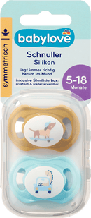 babylove Fopspeen van siliconen, symmetrisch, oker/turkoois, maat 2, 5-18 maanden, 2 stuks