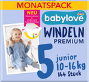 babylove Couches Premium taille 5 Junior (10-16 kg), pack mensuel, 144 pièces.