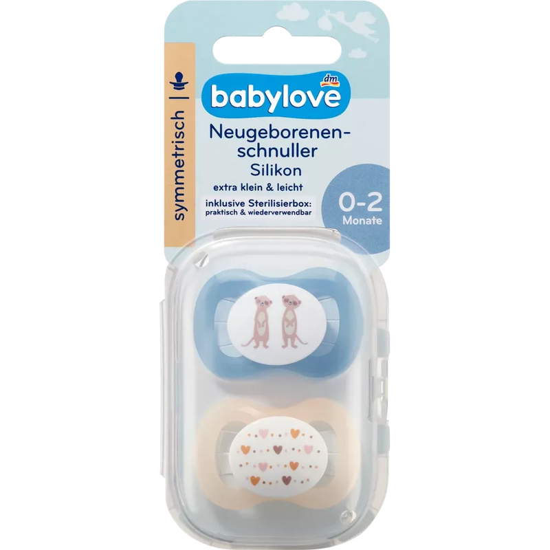 babylove Fopspeen voor pasgeborenen symmetrisch, silicone, blauw/crème, 0-2 maanden, 2 stuks