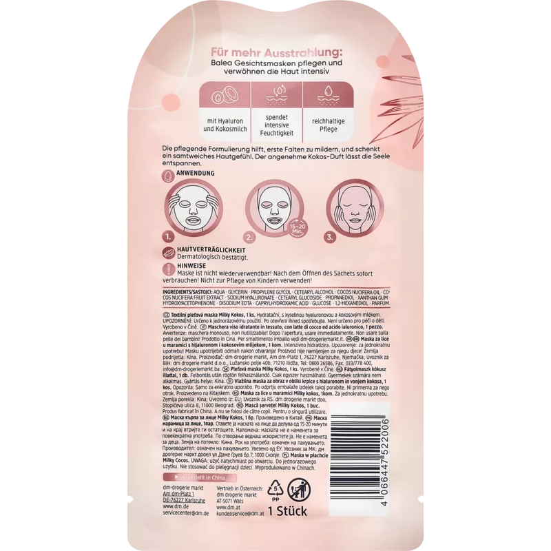 Balea Milky kokosnoot sheet masker, 1 st