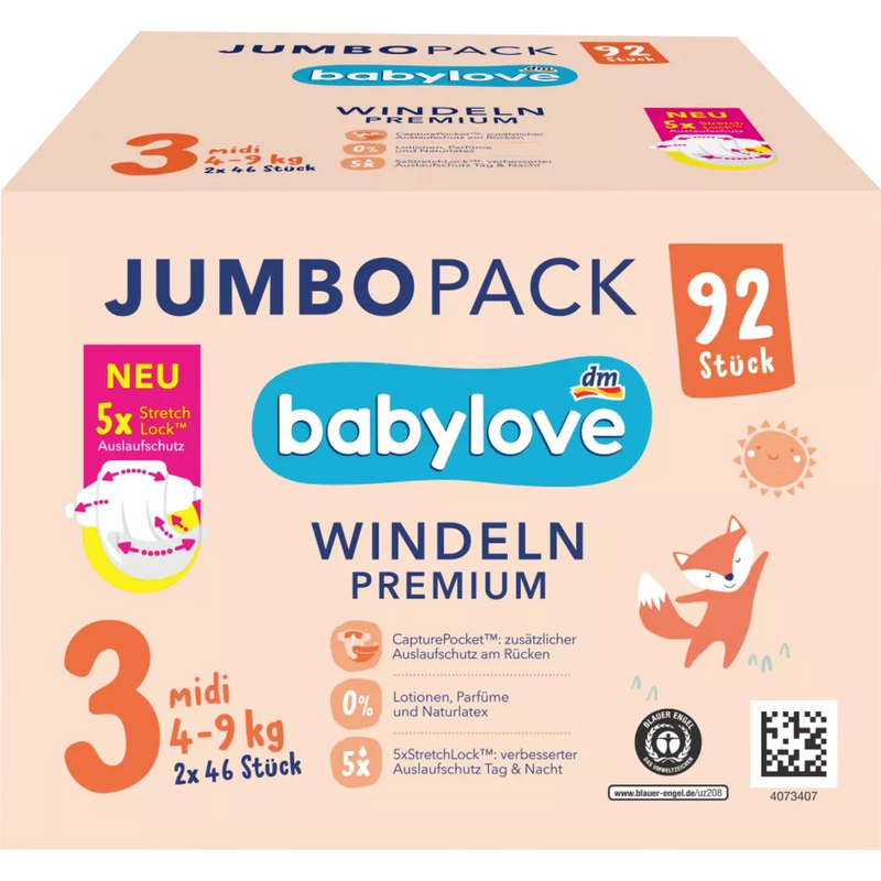 Couches babylove taille 3 Midi (4-9 kg), pack jumbo, 92 pièces.