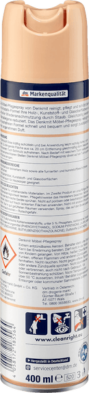 Spray nettoyant et d'entretien pour meubles Denkmit avec formule antistatique, 0,4 l