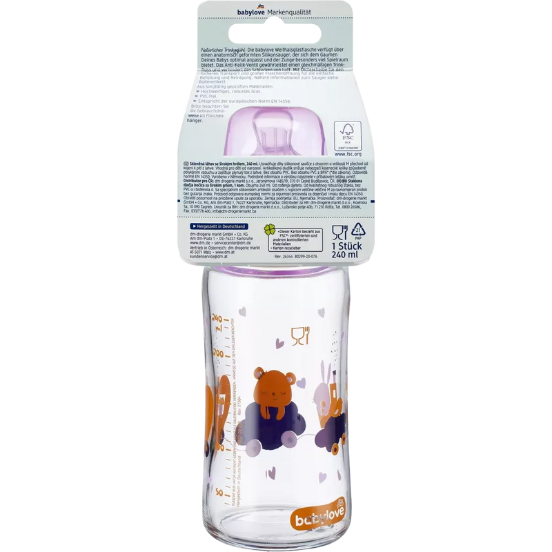 babylove Babyfles brede hals van glas, paars, vanaf de geboorte, 240 ml, 1 st