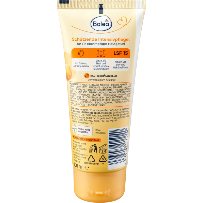 Crème pour les mains Balea Q10 à l'huile d'abricot et SPF 15, 100 ml