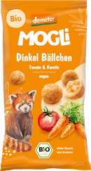MOGLi Kindersnack speltballetjes met tomaat en wortel vanaf 3 jaar, 40 g
