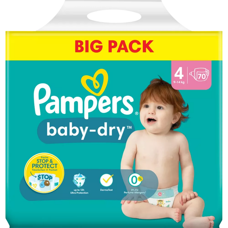 Pampers Luiers Baby Dry maat 4 Maxi (9-14 kg), Grootverpakking, 70 stuks.