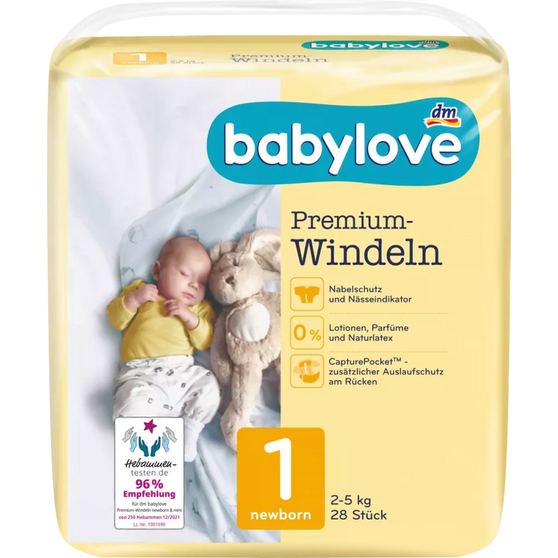 babylove Premium luiers maat 1, pasgeboren, 2-5 kg, 28 stuks.