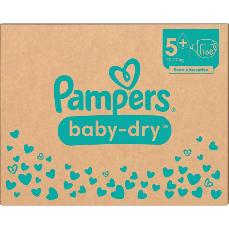 Pampers Luiers Baby Dry Gr.5+ Junior Plus (12-17 kg), maandelijkse doos, 168 stuks.