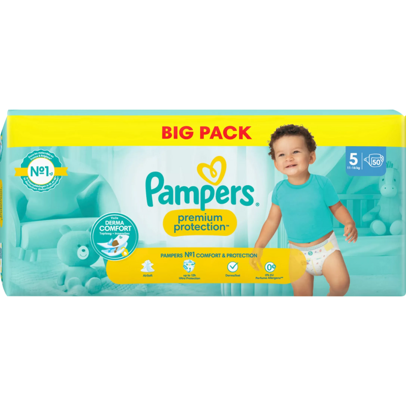 Pampers Luiers Premium Protection maat 5 Junior (11-16 kg), Grootverpakking, 50 stuks.