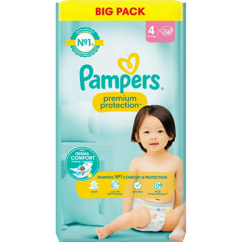 Couches Pampers Premium Protection taille 4 Maxi (9-14 kg), vrac, 58 pièces.
