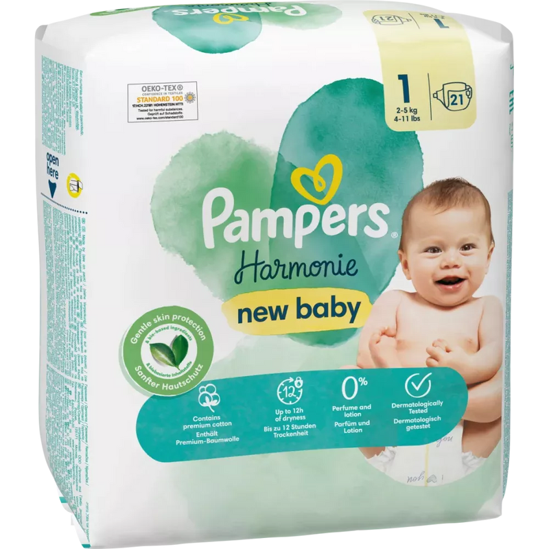 Pampers Luiers Harmonie maat 1 Newborn (2-5 kg), 21 stuks.