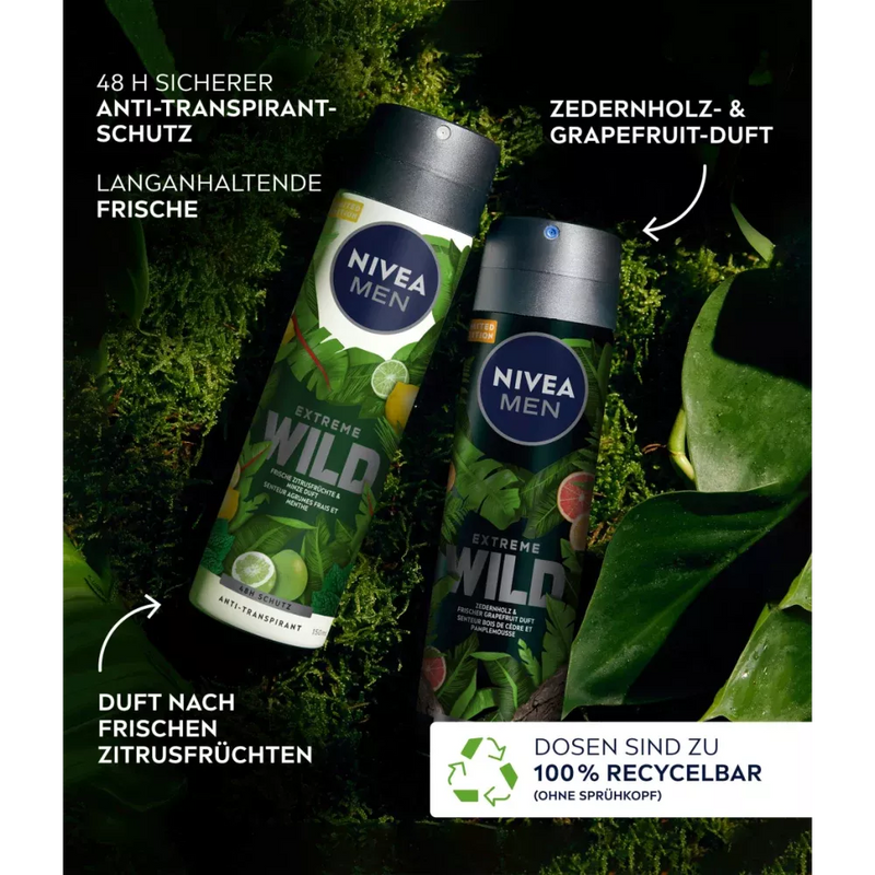 NIVEA MEN Deodorant Spray Antiperspirant Extreem Wild Cederhout & Grapefruit, 150 ml