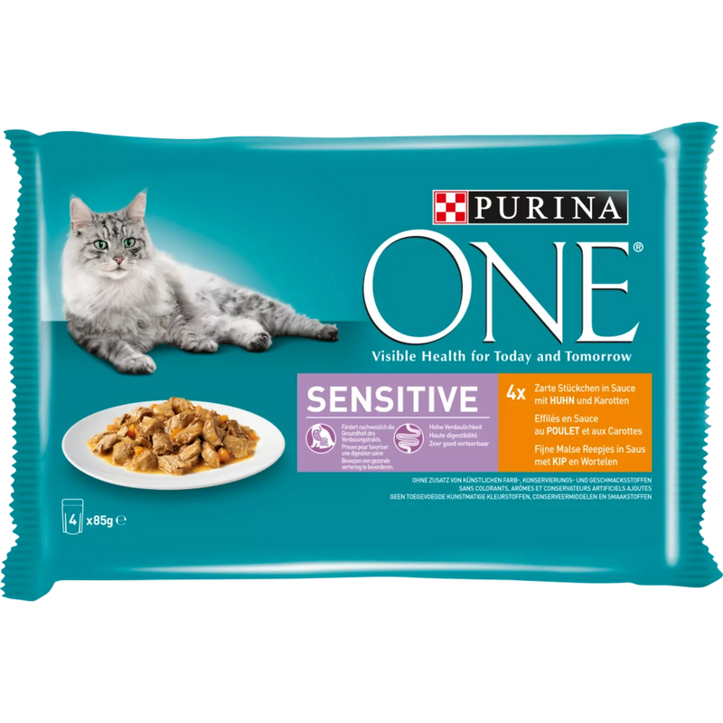 PURINA ONE Nat Kattenvoer Sensitive met Kip & Wortelen, Multipack (4x85 g), 340 g