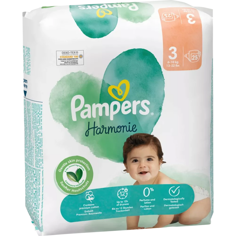 Couches Pampers Harmonie taille 3 Midi (6-10 kg), 25 pièces.