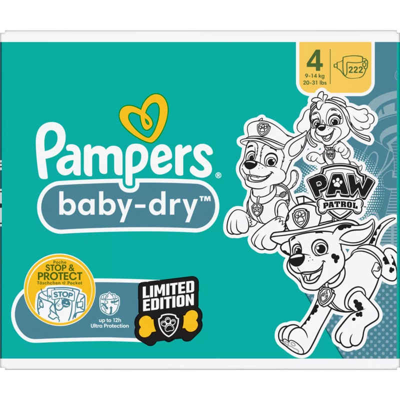 Pampers Luiers Baby Dry maat 4 (9-14 kg) Limited Edition Paw Patrol, maandelijkse doos, 222 stuks.