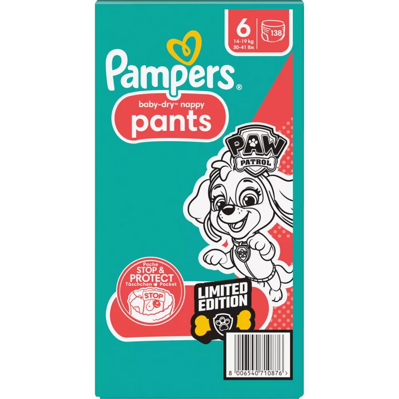 Pampers Baby Pants Baby Dry Gr.6 Extra Large (14-19 kg) Limited Edition Paw Patrol, maandelijkse doos, 138 stuks.